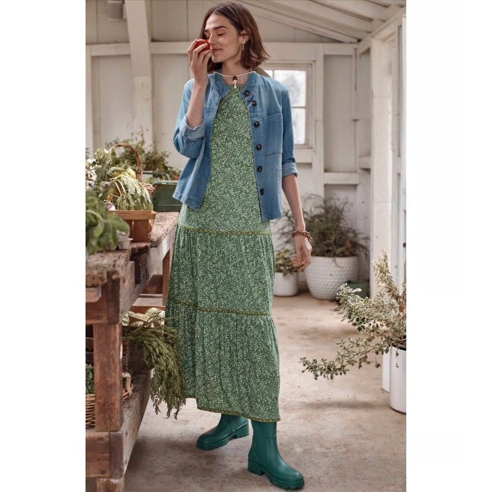 J. Jill Floral Print Green Maxi Dress - Size Small petite - Peasant, Bohemian